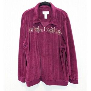 Alfred Dunner Vintage Velour Jacket Womens Size XL Burgandy Velvet Embellished